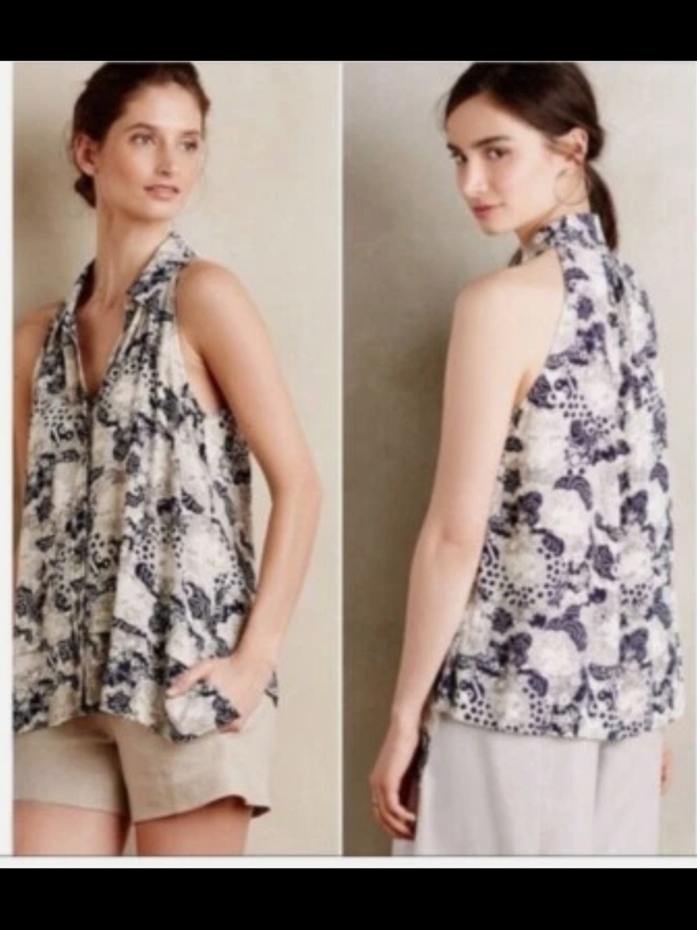Maeve Anthropologie Cream and Navy Floral Halter Shell